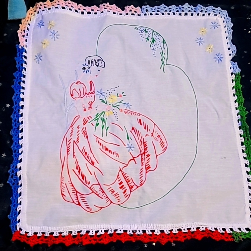 Hand Stitched Handkerchief Lady With Flowers